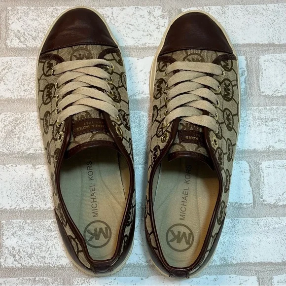 Michael Kors Brown Canvas Logo City Sneakers Leather Cap Toe Women Shoe Sz. 8.5 - Picture 4 of 7